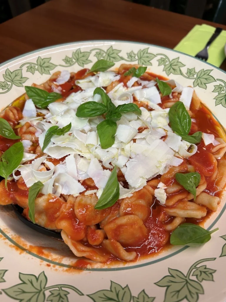 A serving dish of orecchiette made by our guests, with tomato sauce and salted ricotta